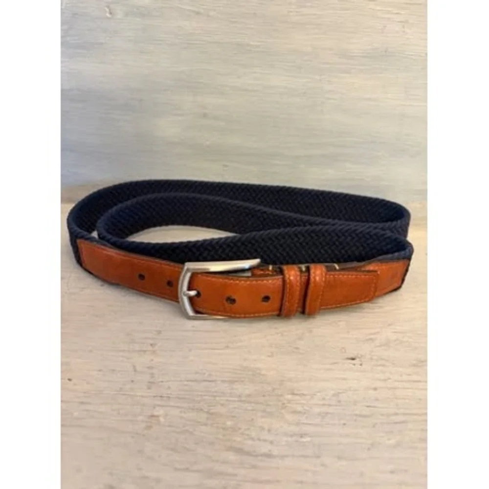 Torino Men's Navy Woven Stretch Belt with Brown‎ Leather Trim 48-52